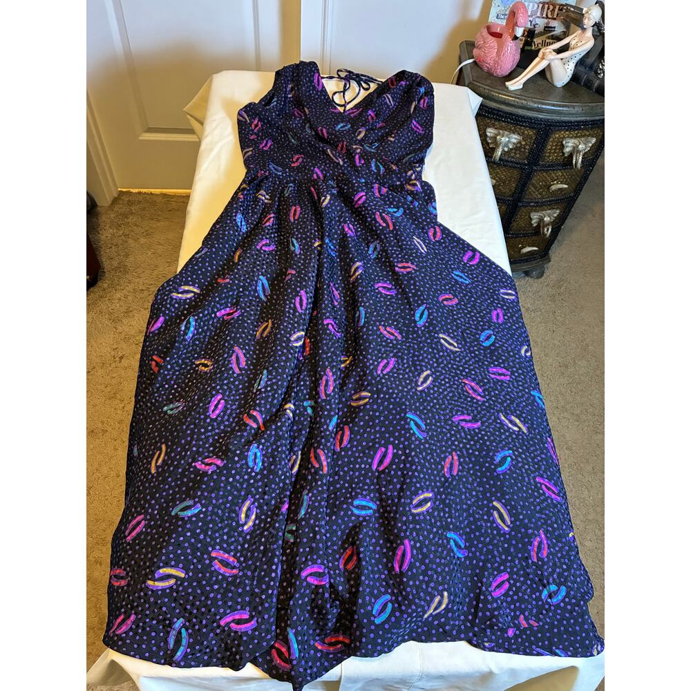 Vintage 80s Black Confetti Polka Dot Dress Sleeveless V Neck Midi Maxi Retro